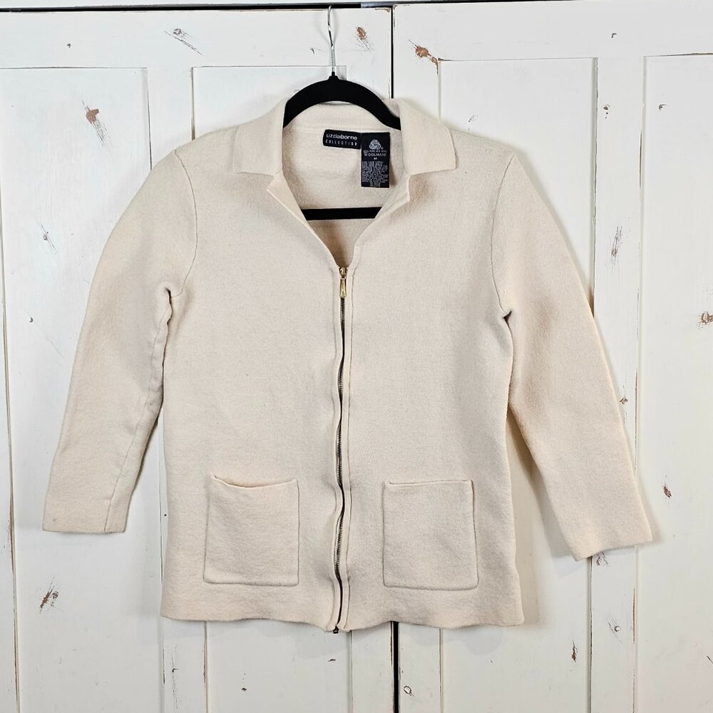 Liz Claiborne 100% Wool Zip Sweater Jacket Cream Ivory M